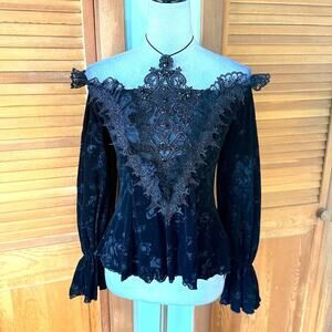 Vintage-Inspired Black Lace Off-Shoulder Blouse